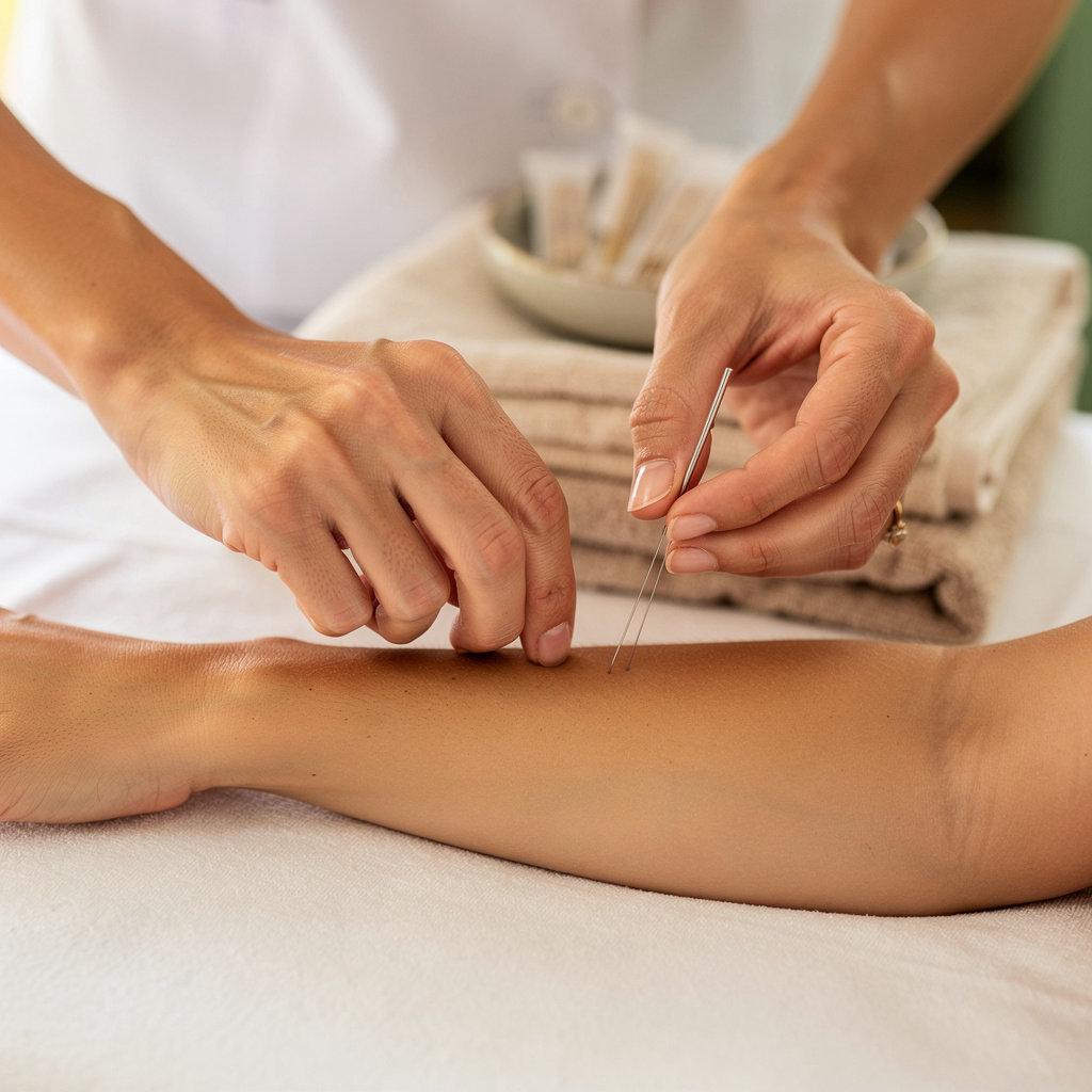 Sheelah R. Smith, L.Ac. acupuncture session in Santa Barbara showing a calm, professional treatment environment