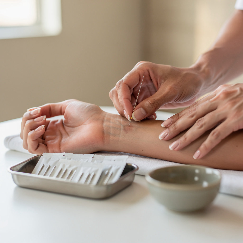 Sheelah R. Smith, L.Ac. providing compassionate acupuncture care in a calming Goleta treatment room